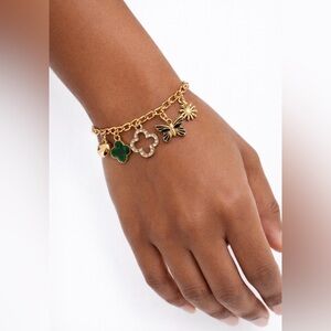 MINT Green CZ Clover Butterfly Heart Flower Goldtone Dangle Charm Bracelet NEW